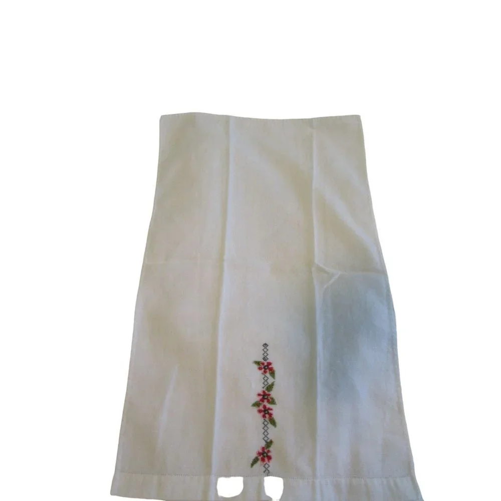 Vintage Hand Embroidered Guest Tea Hand Towels Pink Red Floral Minor Age Stains